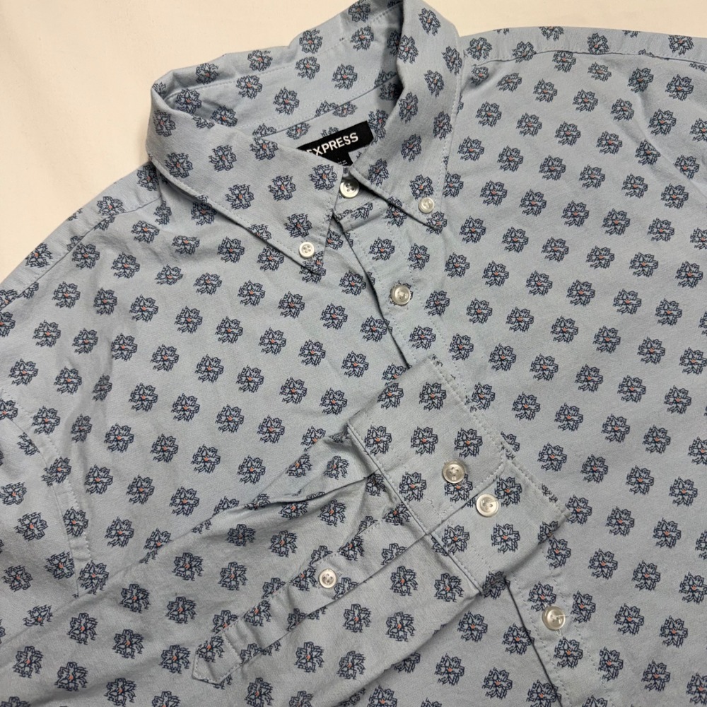 Express Mens Large Light Blue Geometric Floral Print Long Sleeve Button Up Shirt
